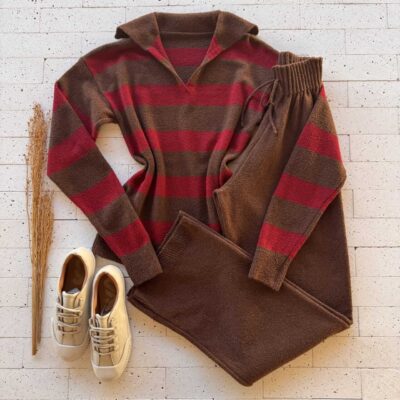 Dondoca_com_br Conjunto Trico Mousse Blusa Listrada Com Gola E Pantalona Marrom E Vinho