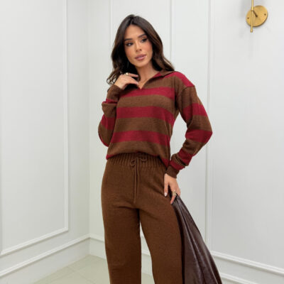 Dondoca_com_br Conjunto Trico Mousse Blusa Listrada Com Gola E Pantalona Marrom E Vinho