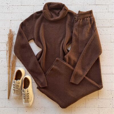 Dondoca_com_br Conjunto Trico Mousse Gola Boba E Pantalona Marrom