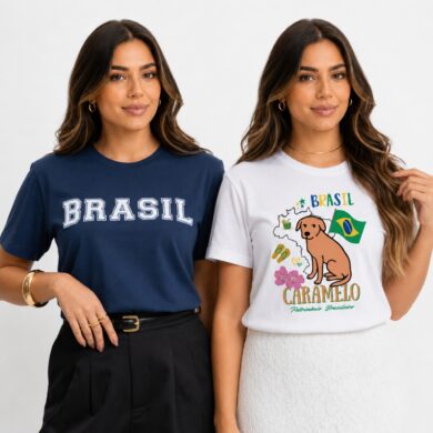 Dondoca_com_br Kit 2 Camisetas Femininas Do Brasil Estampas Brasil Minimalista E Caramelo