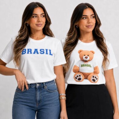 Dondoca_com_br Kit 2 Camisetas Femininas Do Brasil Estampas Brasil Minimalista E Ursinho Brasil