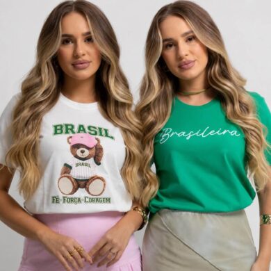 Dondoca_com_br Kit 2 Camisetas Femininas Do Brasil Estampas Brasil Minimalista E Ursinho Brasil