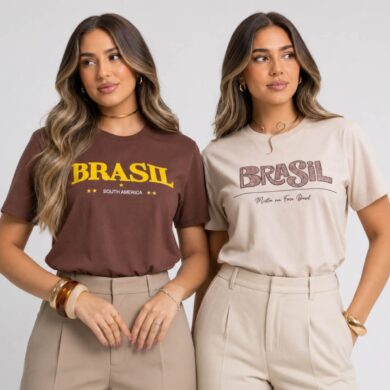 Dondoca_com_br Kit 2 Camisetas Femininas Do Brasil Estampas Brasil Retro E Brasil Animal Print