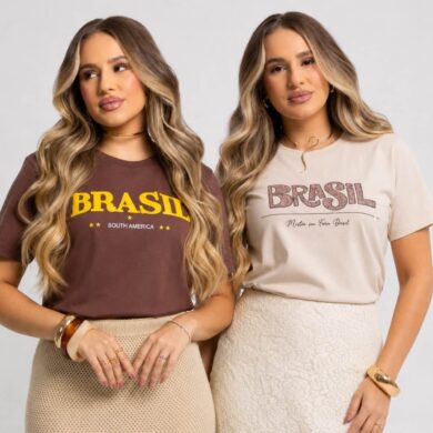Dondoca_com_br Kit 2 Camisetas Femininas Do Brasil Estampas Brasil Retro E Brasil Animal Print
