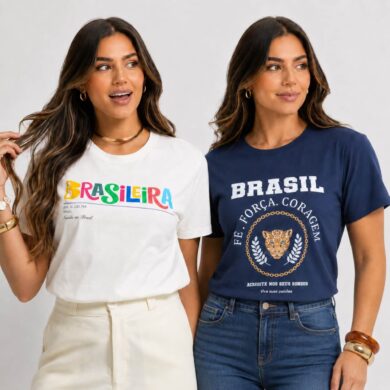 Dondoca_com_br Kit 2 Camisetas Femininas Do Brasil Estampas Brasileira Colorida E Forca E Coragem