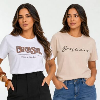 Dondoca_com_br Kit 2 Camisetas Femininas Do Brasil Estampas Brasileira Minimalista E Brasil Animal Print