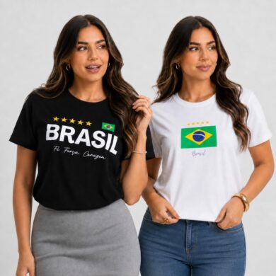 Dondoca_com_br Kit 2 Camisetas Femininas Do Brasil Estampas Fe Forca E Coragem E Bandeira Do Brasil