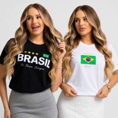 Dondoca_com_br Kit 2 Camisetas Femininas Do Brasil Estampas Fe Forca E Coragem E Bandeira Do Brasil
