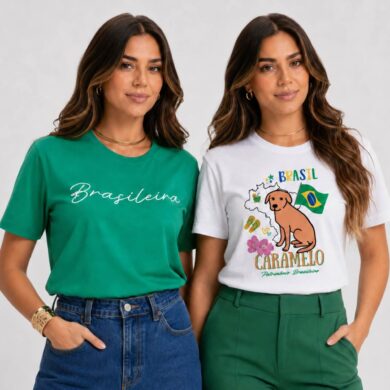 Dondoca_com_br Kit 2 Camisetas Femininas Do Brasil Estampas Ursinho Brasileira E Brasileira Minimalista