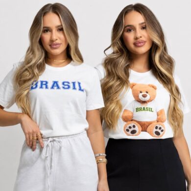 Dondoca_com_br Kit 2 Camisetas Femininas Do Brasil Estampas Ursinho Brasileira E Brasileira Minimalista