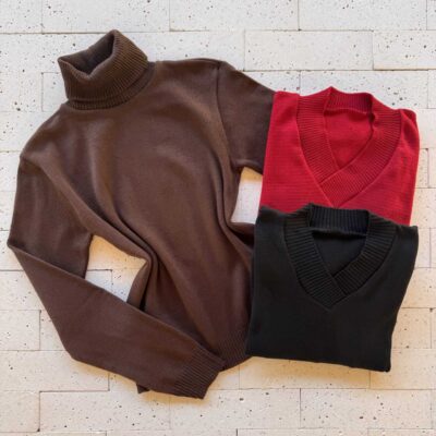 Dondoca_com_br Kit 3 Blusas De Trico Essenciais Marrom Preta E Vermelha