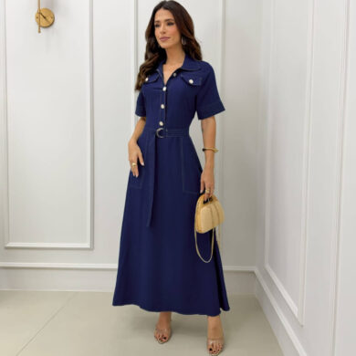 Dondoca_com_br Vestido Longuete Chemise Com Cinto E Bolsos Marinho