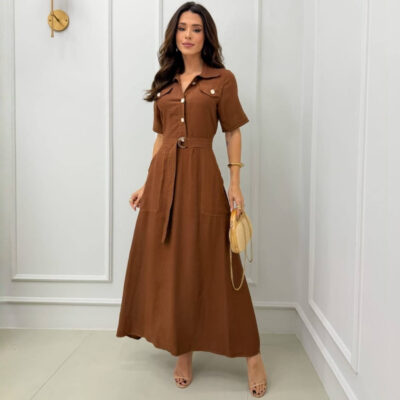 Dondoca_com_br Vestido Longuete Chemise Com Cinto E Bolsos Marrom