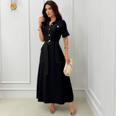Dondoca_com_br Vestido Longuete Chemise Com Cinto E Bolsos Preto