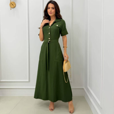 Dondoca_com_br Vestido Longuete Chemise Com Cinto E Bolsos Verde Oliva