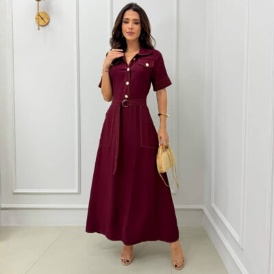 Dondoca_com_br Vestido Longuete Chemise Com Cinto E Bolsos Vinho
