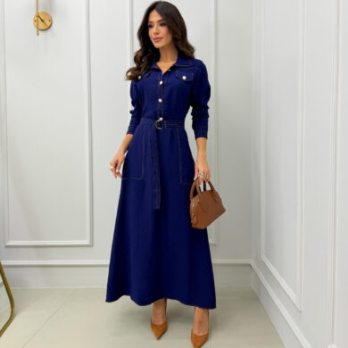 Dondoca_com_br Vestido Longuete Chemise Com Cinto E Pespontos Marinho