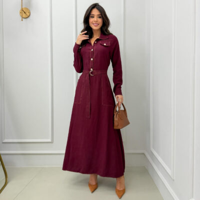 Dondoca_com_br Vestido Longuete Chemise Com Cinto E Pespontos Vinho