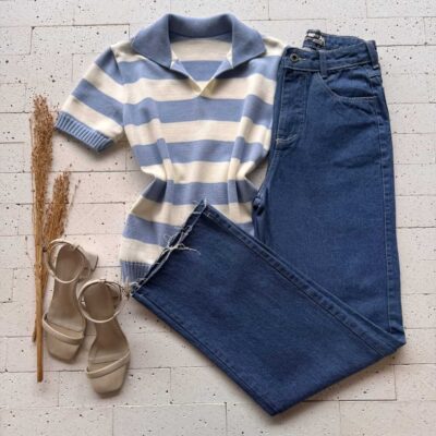 Dondoca_com_br Blusa Modal Bicolor Com Gola Azul