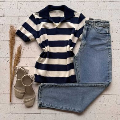 Dondoca_com_br Blusa Modal Bicolor Com Gola Marinho