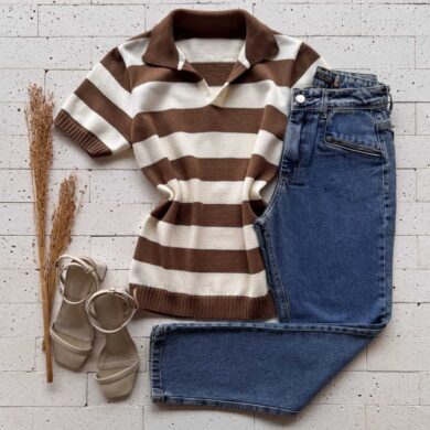 Dondoca_com_br Blusa Modal Bicolor Com Gola Marrom