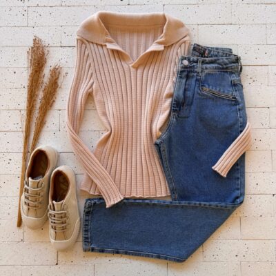 Dondoca_com_br Blusa Modal Canelado Manga Longa Bege
