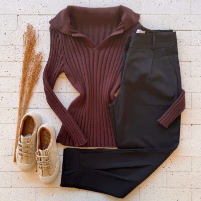 Dondoca_com_br Blusa Modal Canelado Manga Longa Cafe