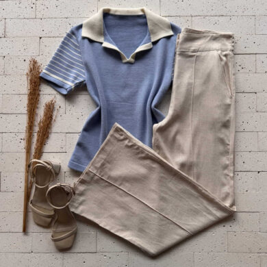 Dondoca_com_br Blusa Modal Com Gola E Manga Listrada Azul E Off