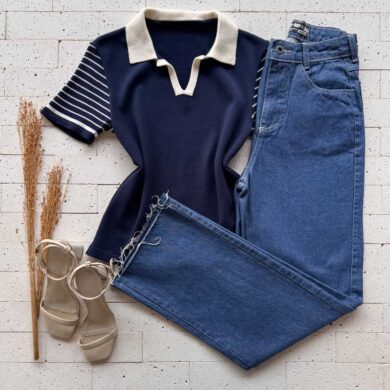 Dondoca_com_br Blusa Modal Com Gola E Manga Listrada Marinho E Off