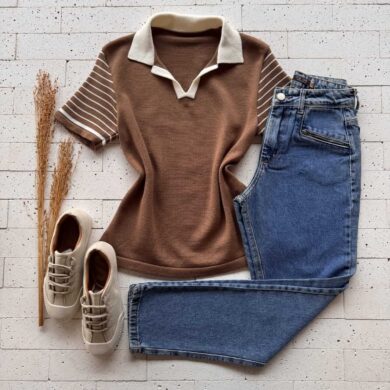 Dondoca_com_br Blusa Modal Com Gola E Manga Listrada Marrom E Off