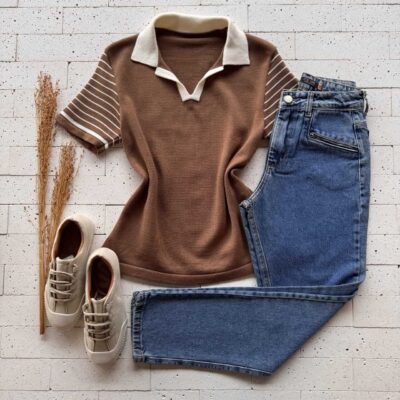 Dondoca_com_br Blusa Modal Com Gola E Manga Listrada Marrom E Off