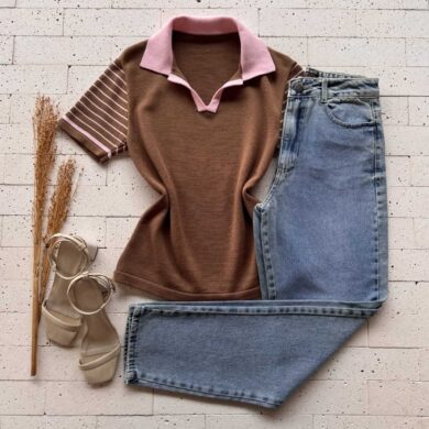 Dondoca_com_br Blusa Modal Com Gola E Manga Listrada Marrom E Rosa