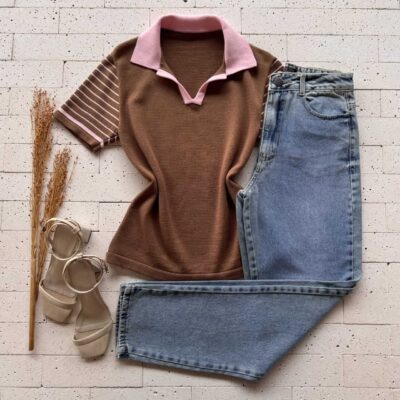 Dondoca_com_br Blusa Modal Com Gola E Manga Listrada Marrom E Rosa