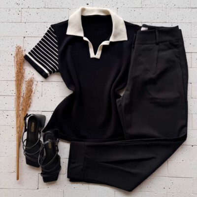 Dondoca_com_br Blusa Modal Com Gola E Manga Listrada Preta E Off
