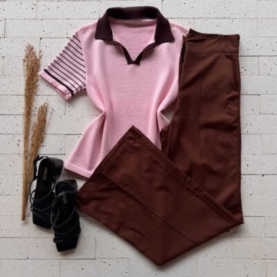 Dondoca_com_br Blusa Modal Com Gola E Manga Listrada Rosa E Cafe
