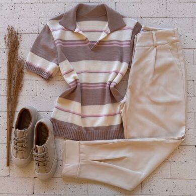 Dondoca_com_br Blusa Modal Listrada Com Gola Bege