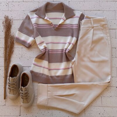 Dondoca_com_br Blusa Modal Listrada Com Gola Bege