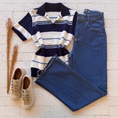 Dondoca_com_br Blusa Modal Listrada Com Gola Marinho