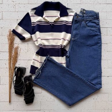 Dondoca_com_br Blusa Modal Listrada Com Gola Marinho Com Rosa