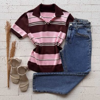 Dondoca_com_br Blusa Modal Listrada Com Gola Marrom E Rosa