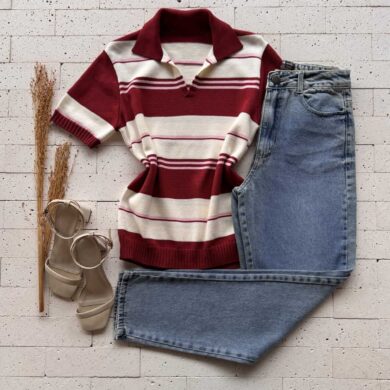Dondoca_com_br Blusa Modal Listrada Com Gola Marsala