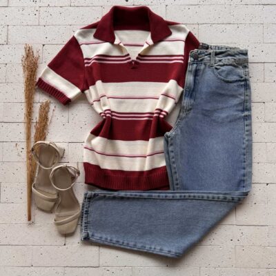 Dondoca_com_br Blusa Modal Listrada Com Gola Marsala
