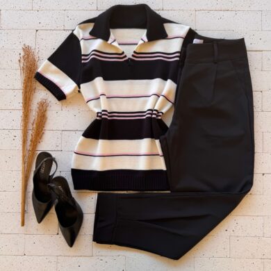 Dondoca_com_br Blusa Modal Listrada Com Gola Preta