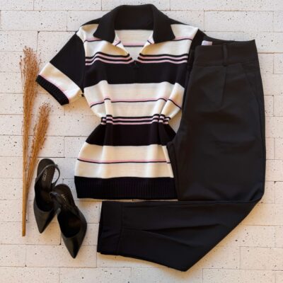 Dondoca_com_br Blusa Modal Listrada Com Gola Preta