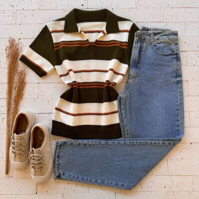 Dondoca_com_br Blusa Modal Listrada Com Gola Verde Oliva