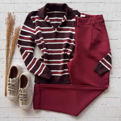 Dondoca_com_br Blusa Trico Modal Listrada Com Gola Color Cafe E Vinho