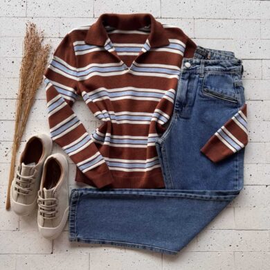 Dondoca_com_br Blusa Trico Modal Listrada Com Gola Color Marrom E Azul