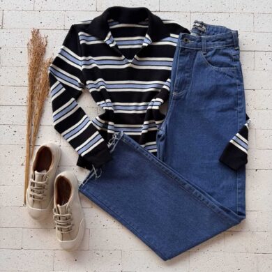 Dondoca_com_br Blusa Trico Modal Listrada Com Gola Color Preta E Azul