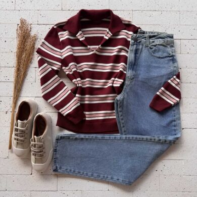 Dondoca_com_br Blusa Trico Modal Listrada Com Gola Color Vinho E Rose