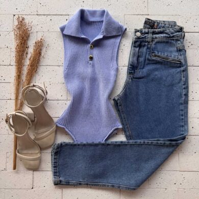 Dondoca_com_br Body Modal Canelado Golinha E Botoes Azul